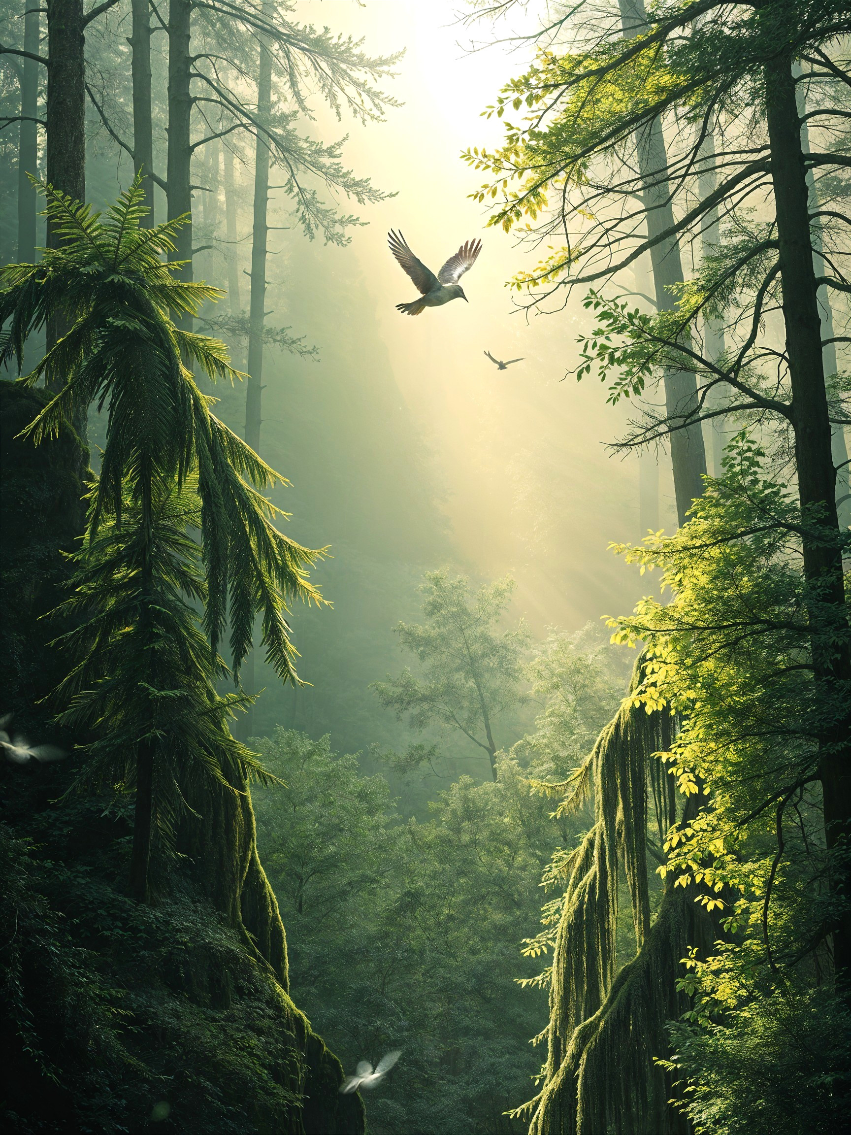 Serene forest scene with golden sunlight and greenery