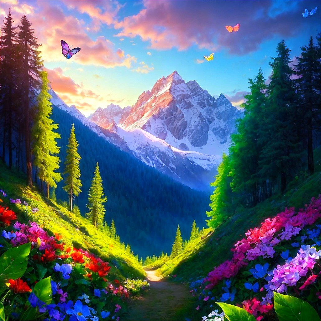 Vibrant Valley with Colorful Flowers and Mountains