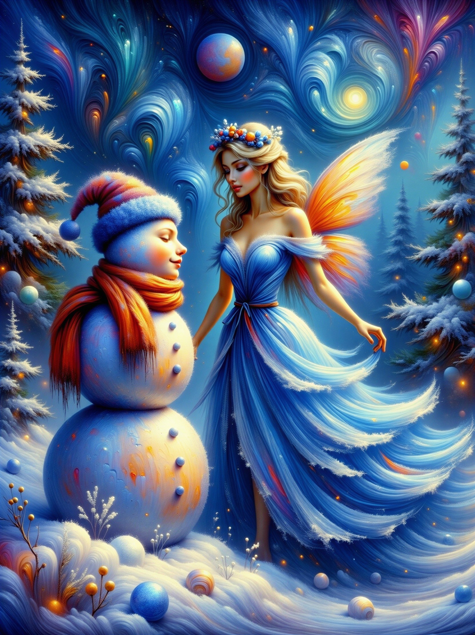 Whimsical Winter Scene with Fairy and Snowman