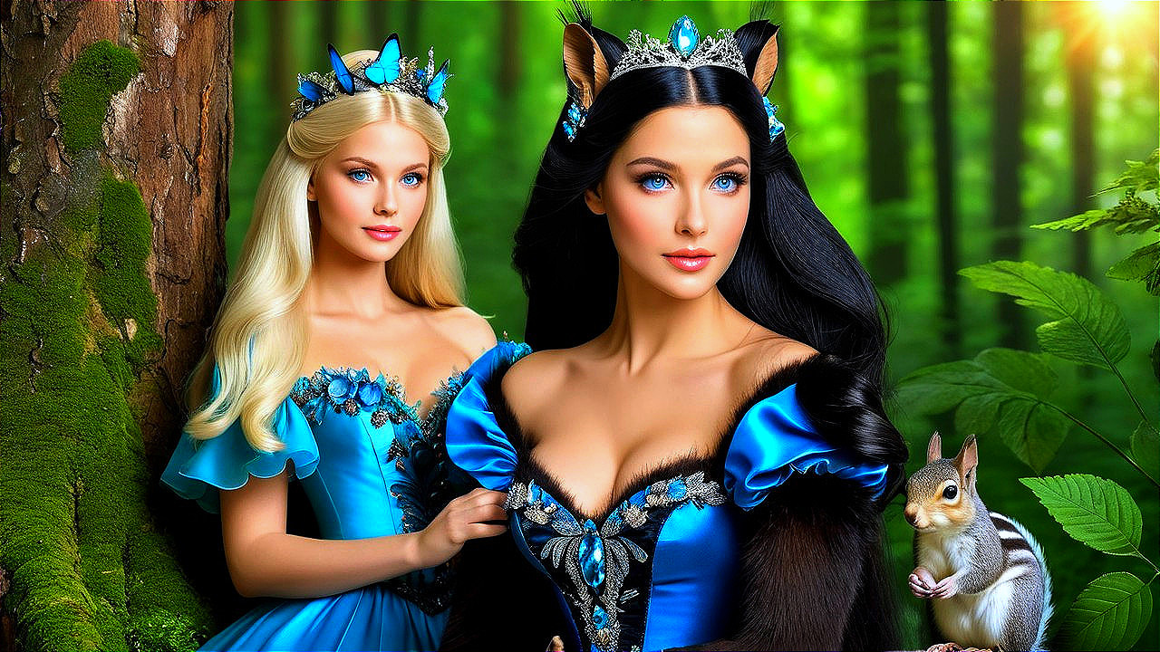 Fairy-tale figures in blue dresses in a forest setting