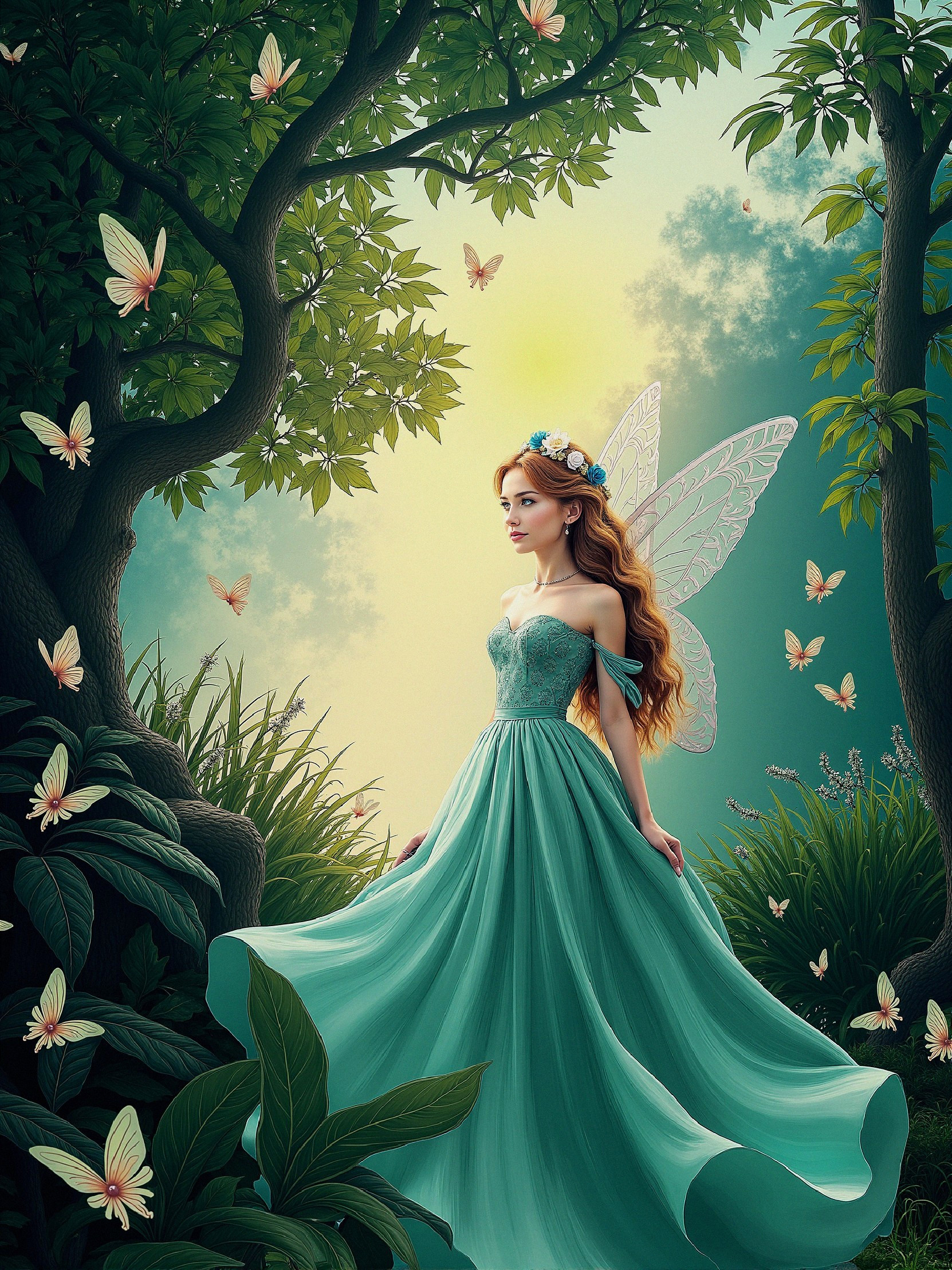 Fairy in Teal Gown Surrounded by Lush Greenery