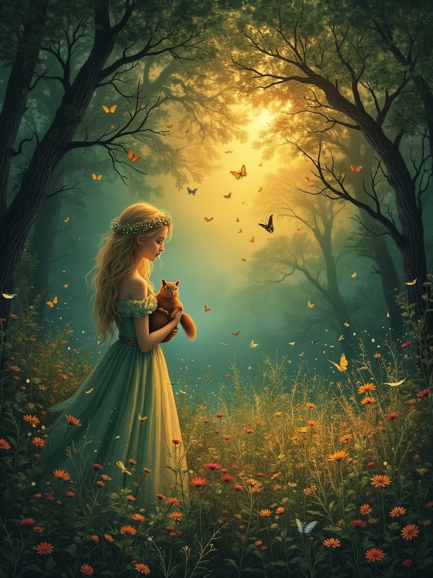 Serene forest scene with woman, fox, and flowers
