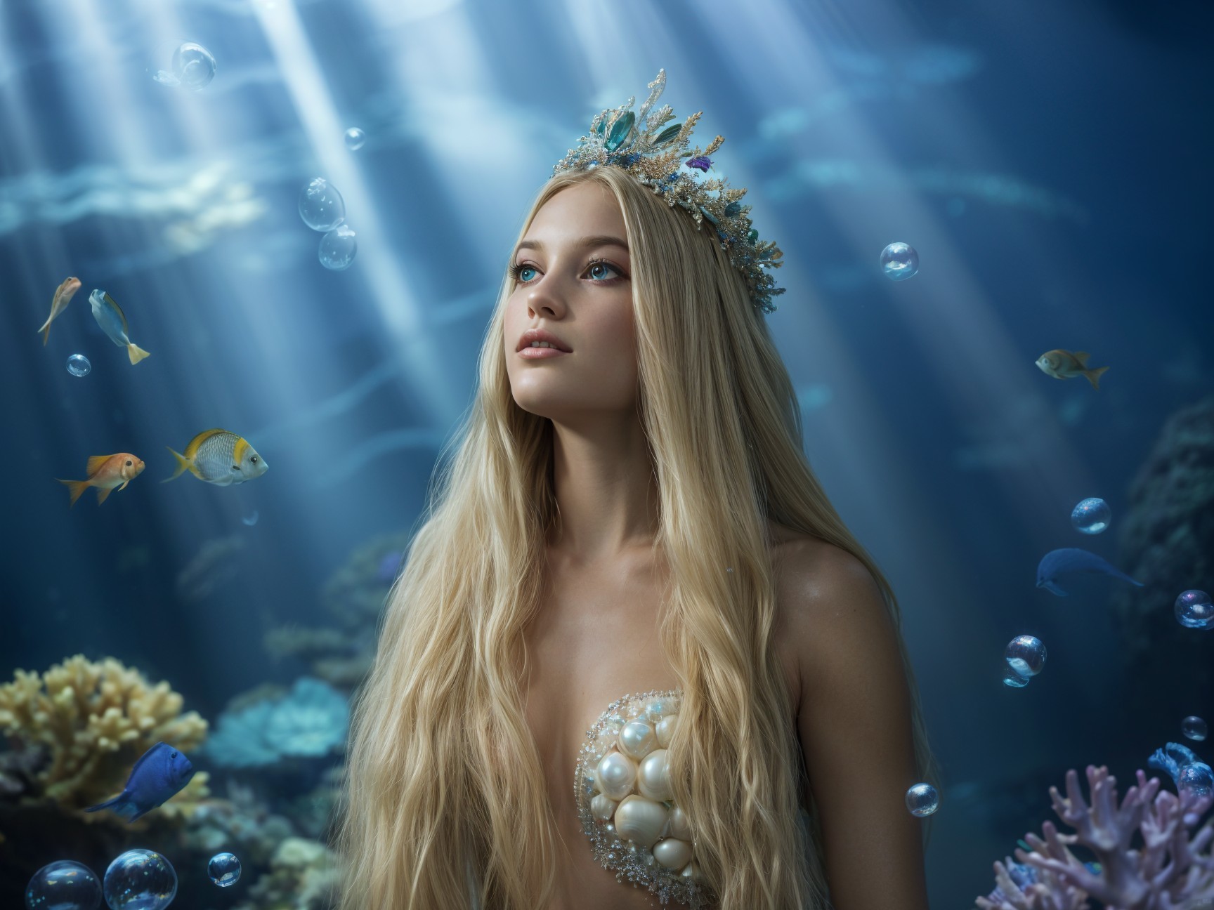 Underwater Scene with a Young Woman and Colorful Fish