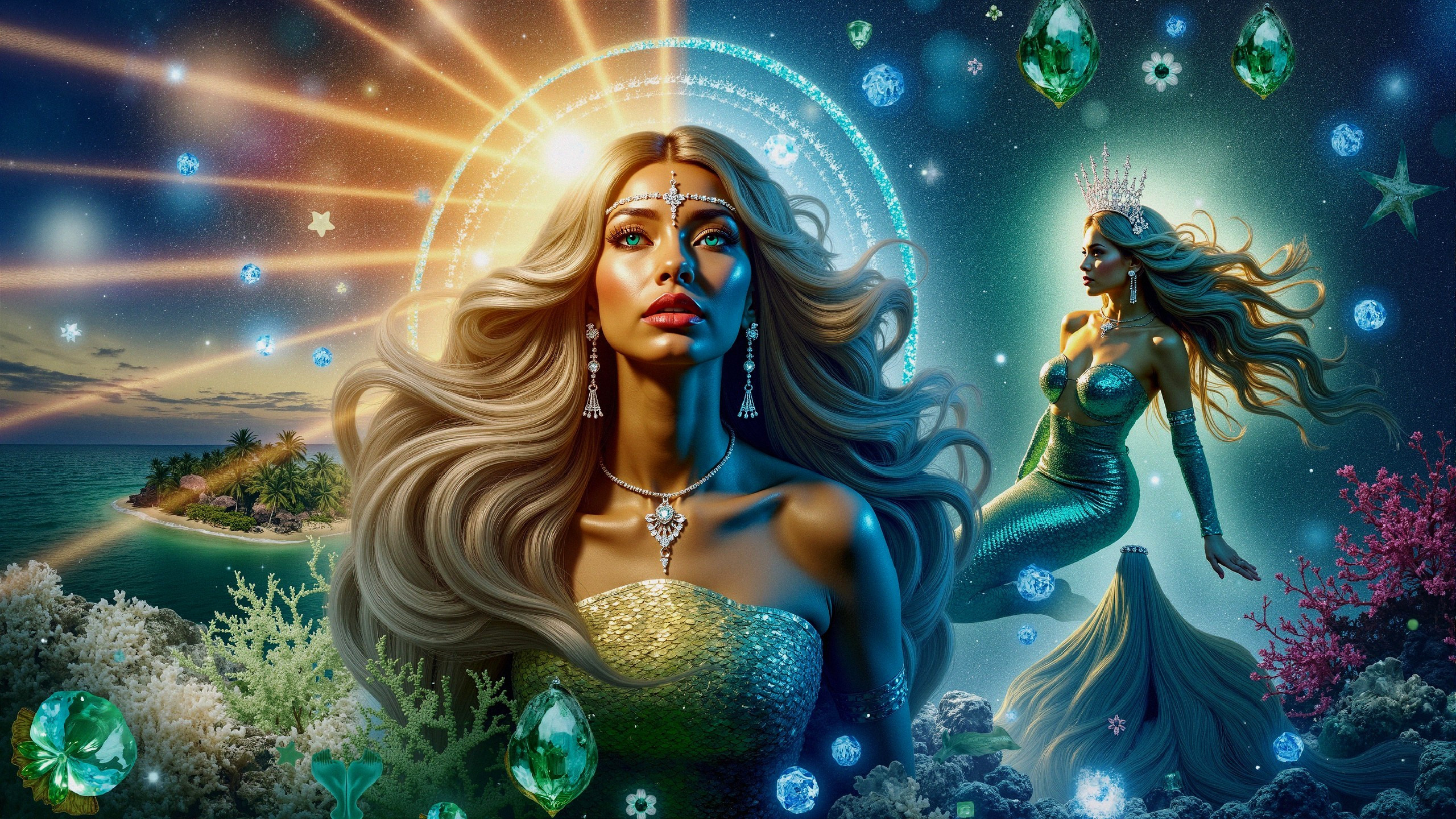 Mermaid with Golden Hair in Vibrant Underwater Scene