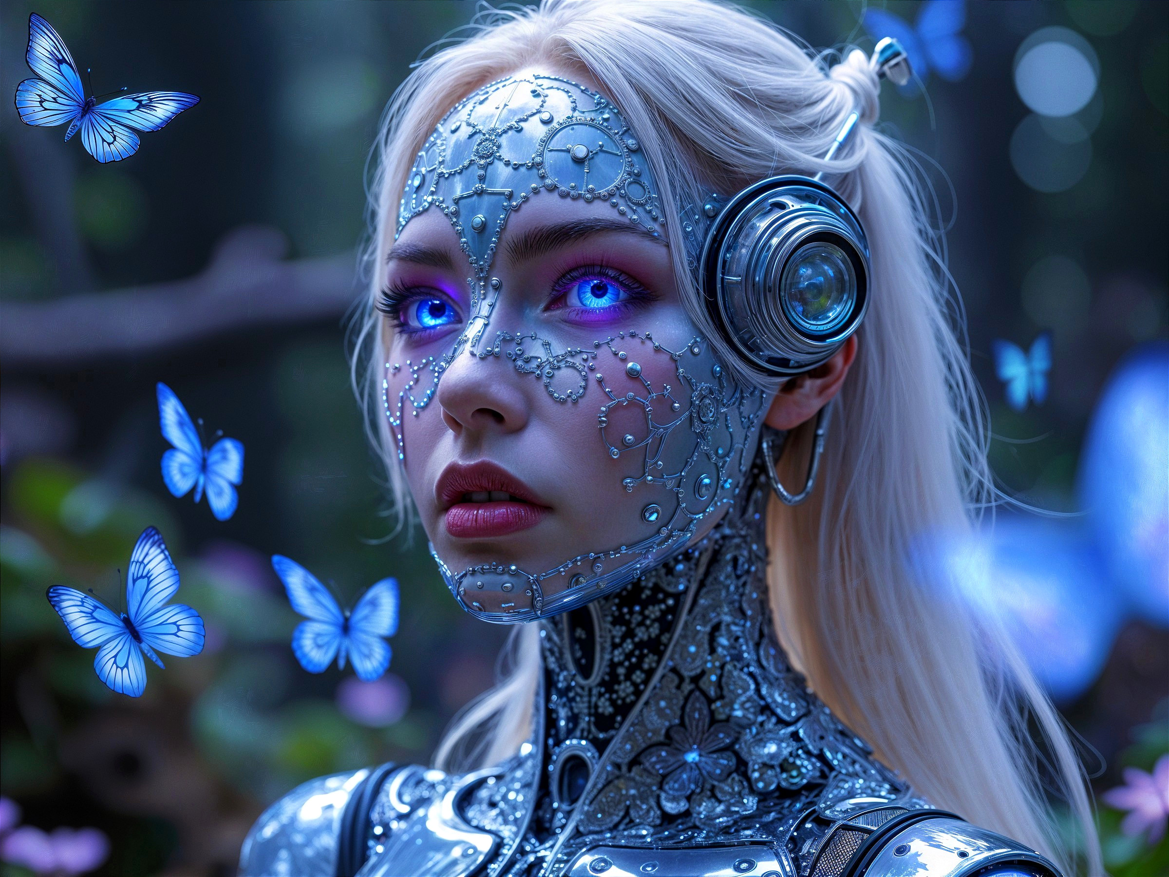 Futuristic figure with silver body art and blue butterflies