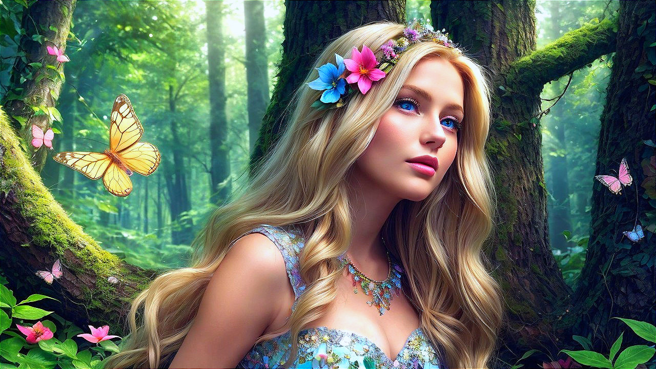 Serene Fantasy Scene with Woman in Lush Forest