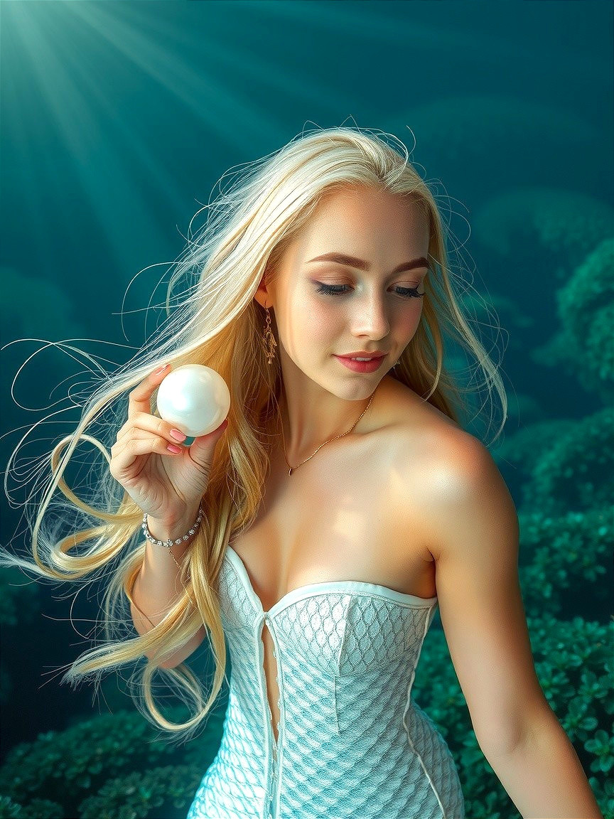 Young woman in white dress holds pearl underwater