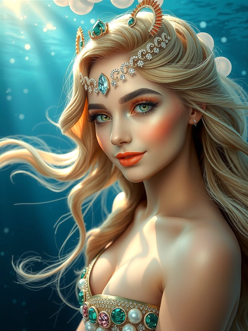 Underwater Scene with a Mermaid and Jewel Crown