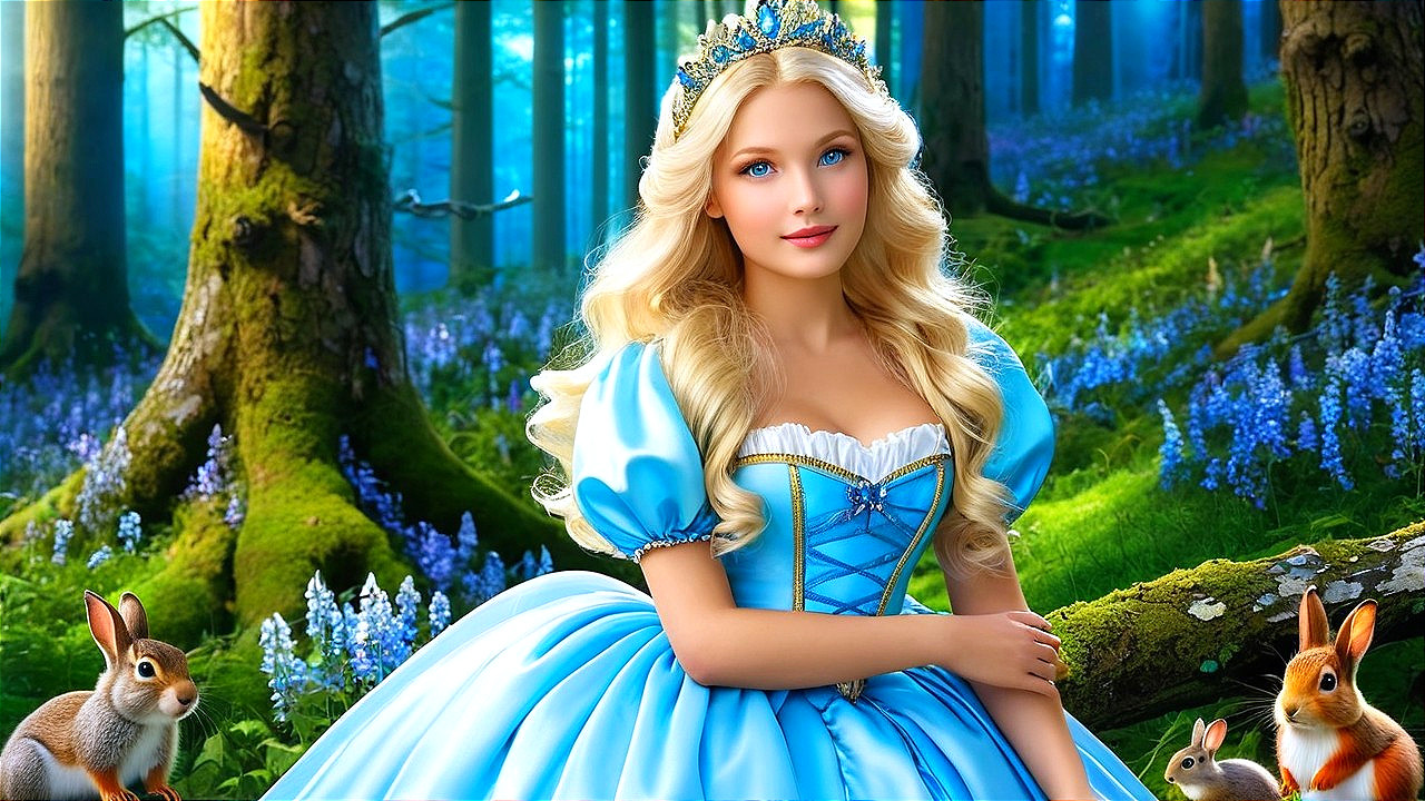 Young girl in blue gown in enchanted forest with rabbits
