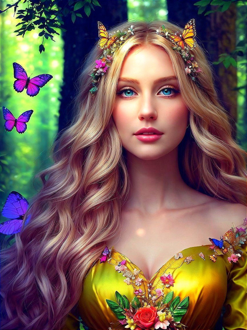 Serene Young Woman in Floral Crown and Yellow Dress