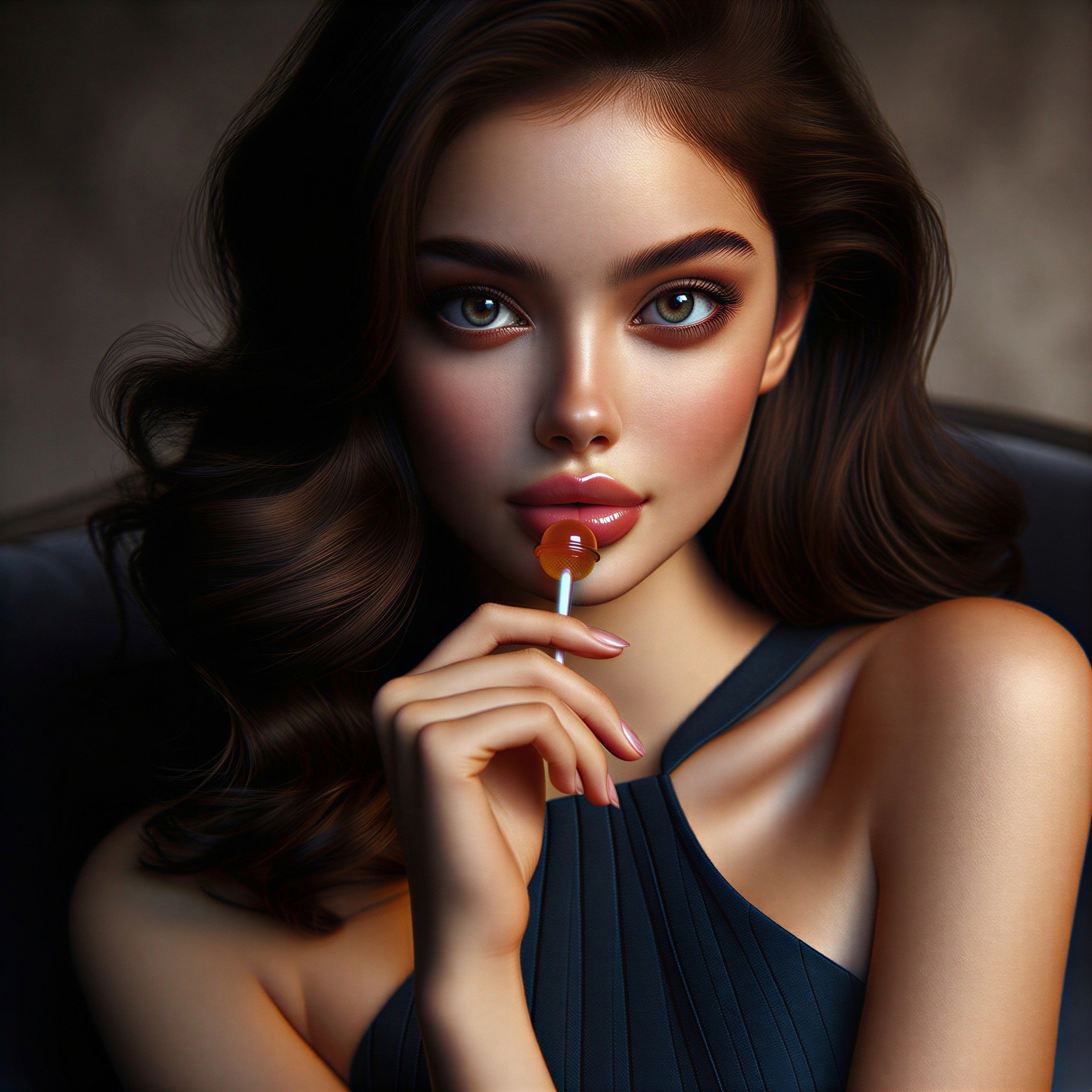 Young woman with striking features and lollipop