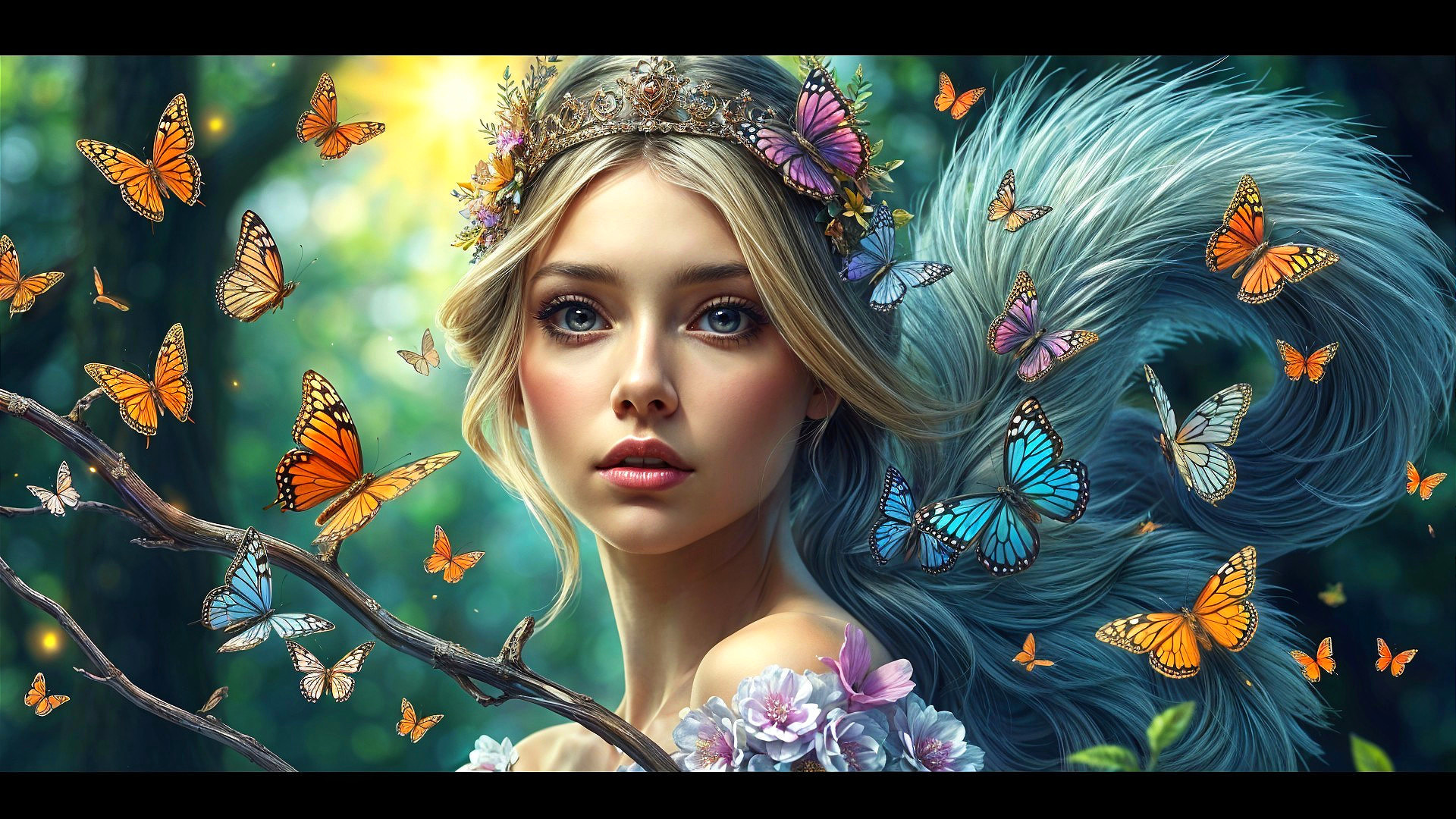 Portrait of a Young Woman in a Floral Crown and Butterflies