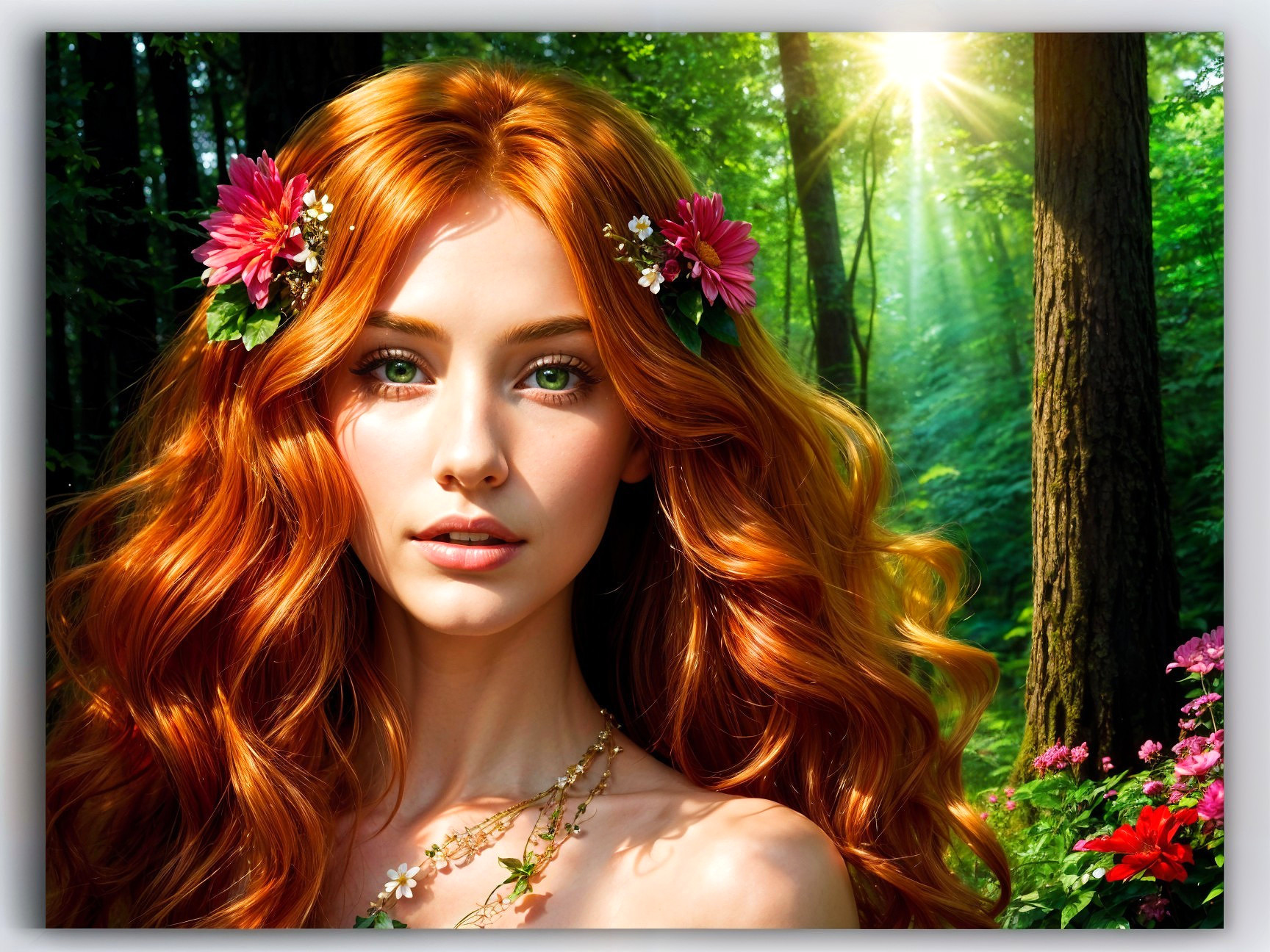 Young woman with red hair in a forest setting