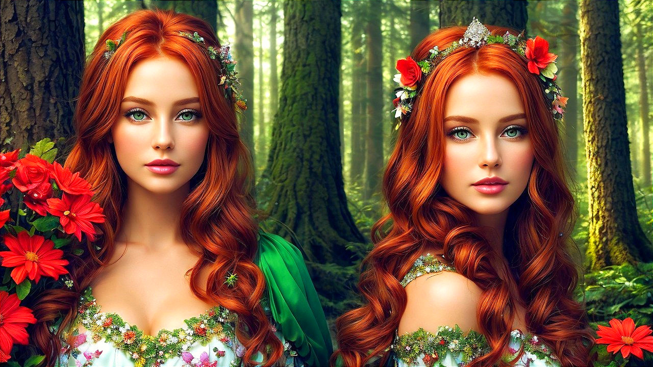 Identical women in a mystical forest with flowers