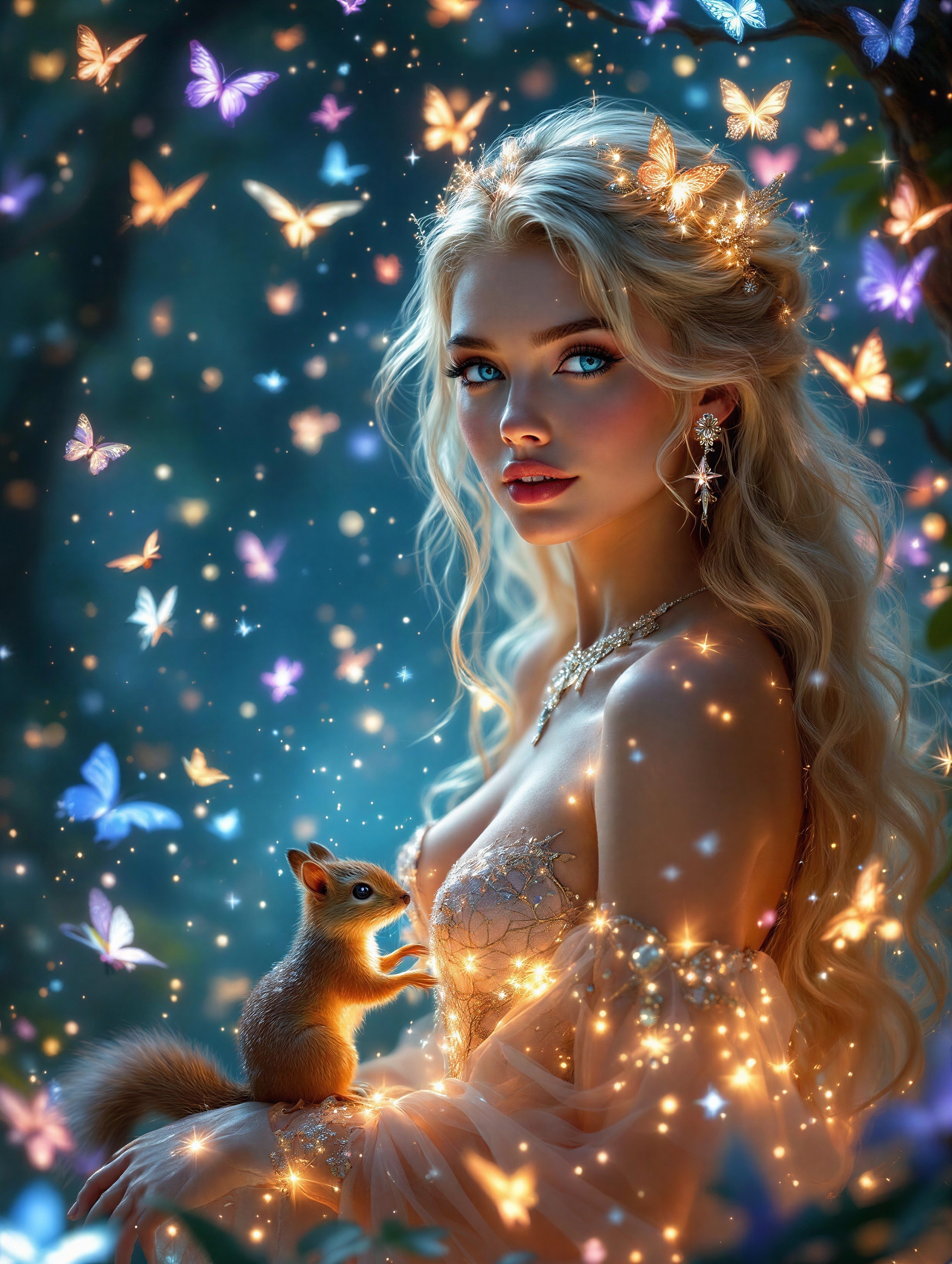 Mystical Scene of Woman with Butterflies in Forest