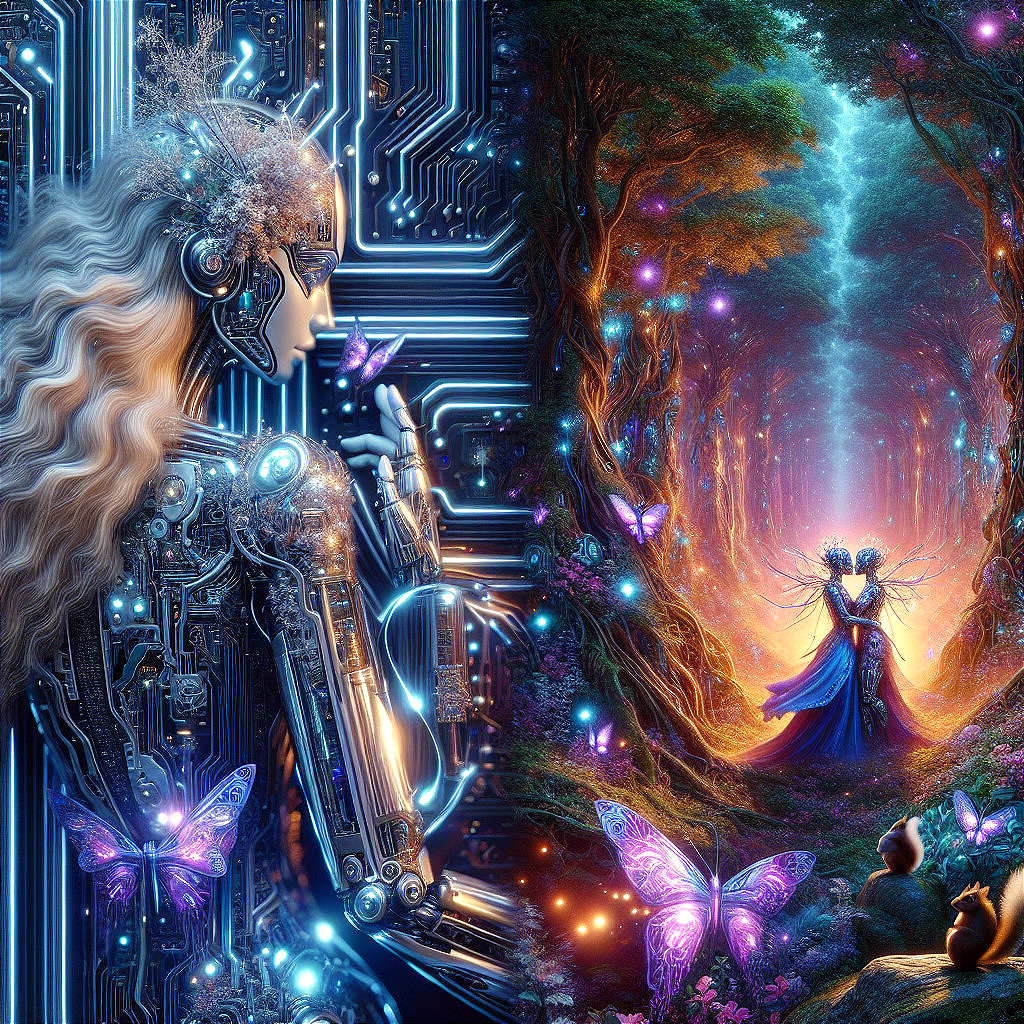 Futuristic Robot and Enchanted Forest with Butterflies