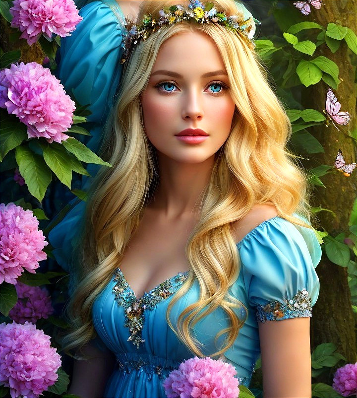 Young Woman in Blue Dress Among Pink Peonies