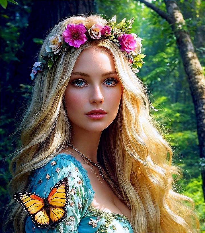 Young woman in blue dress with floral crown and butterfly