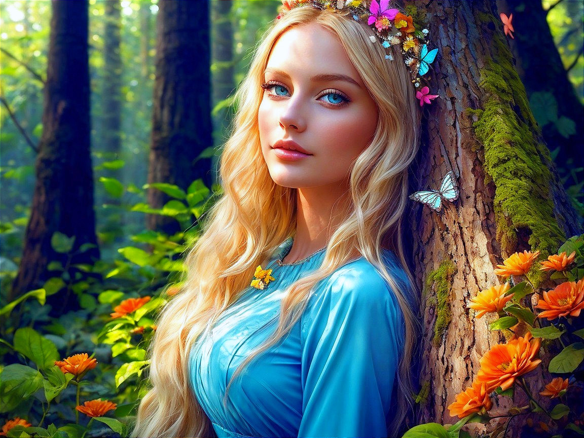Serene Woman in Vibrant Forest with Colorful Flora
