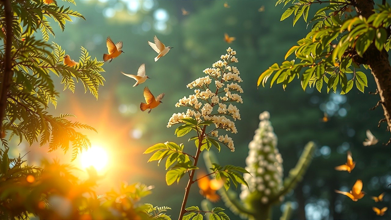 Serene Garden Scene with Sunlight and Blooming Flowers