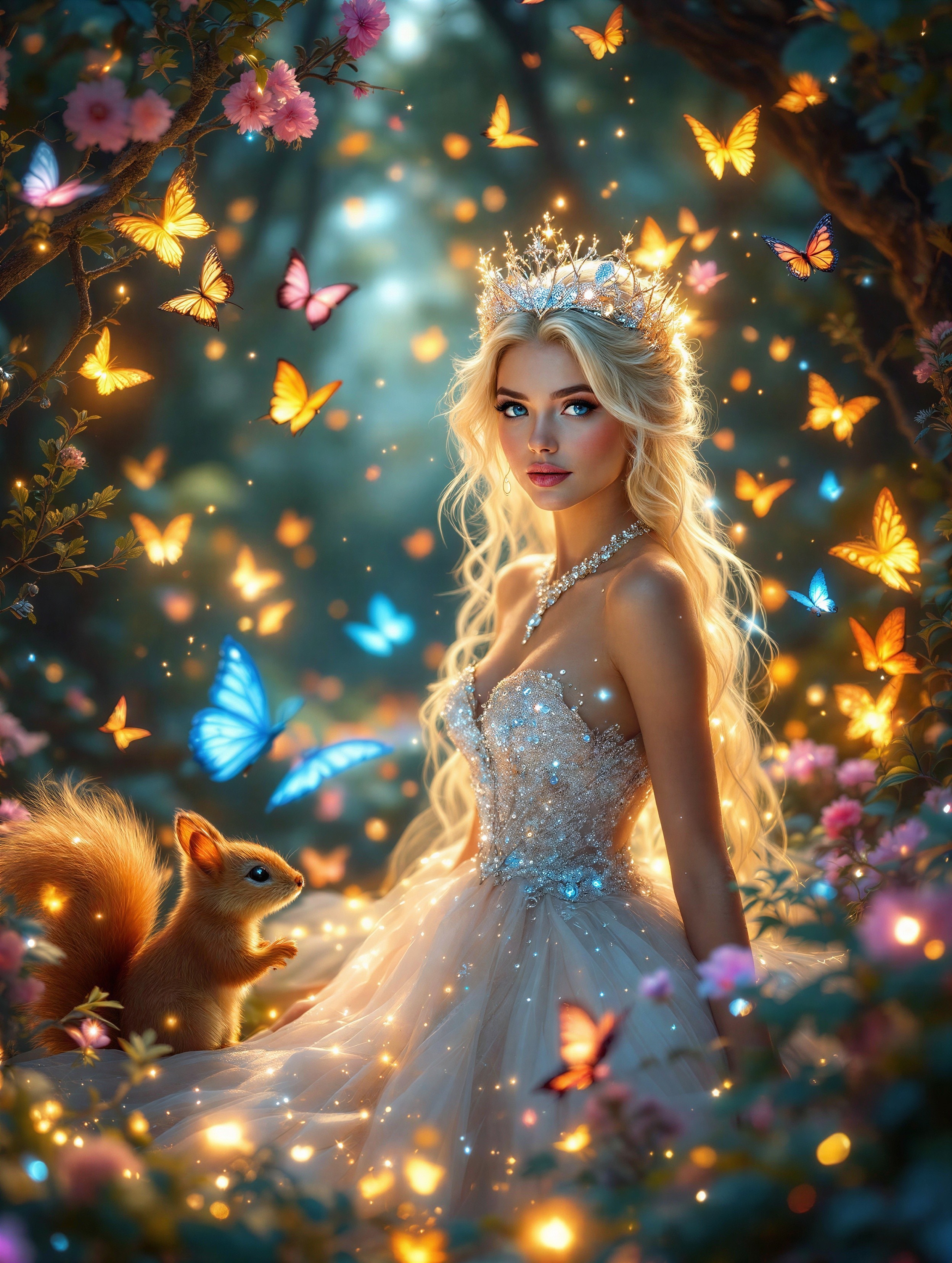 Magical forest scene with radiant figure and flowers