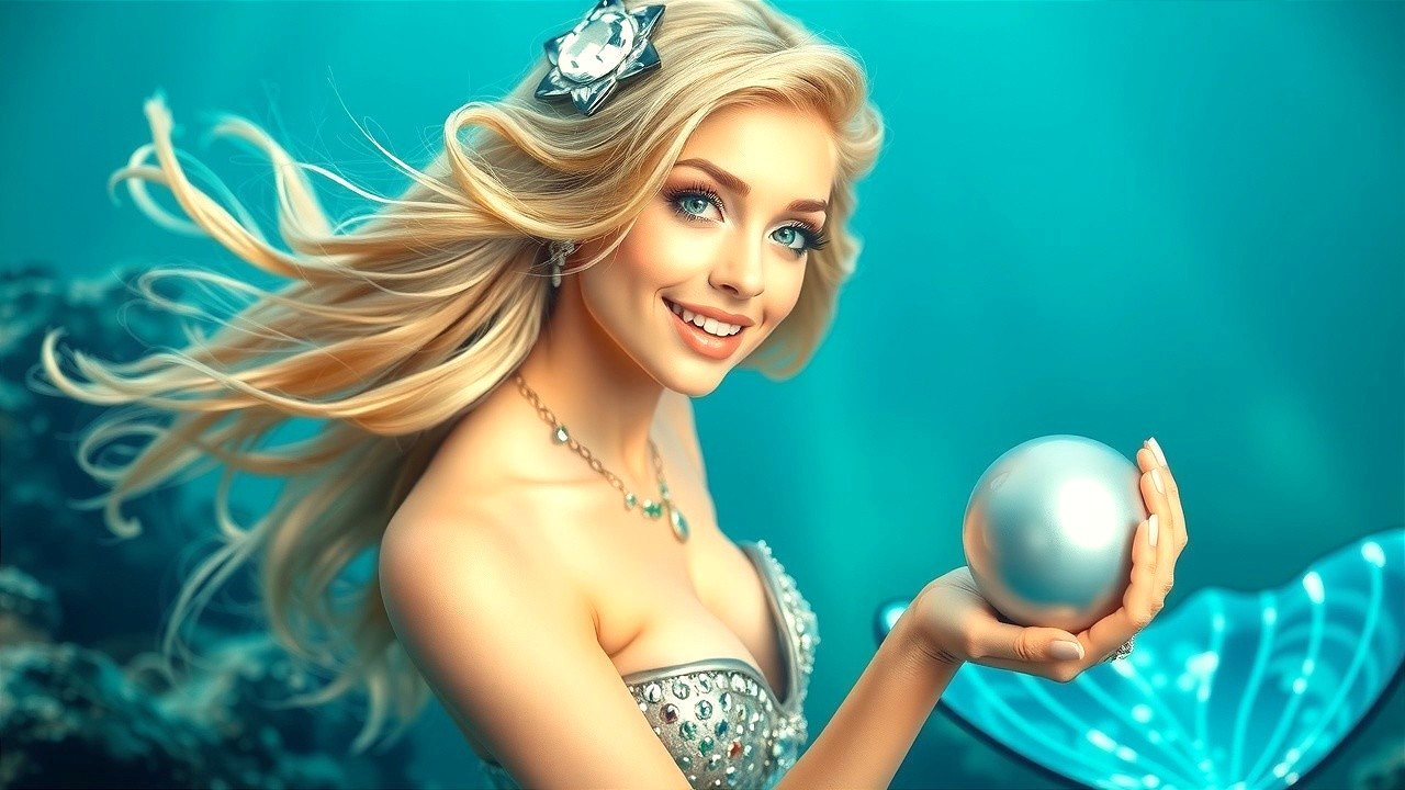 Mermaid with Blonde Hair and Pearl in Underwater Scene