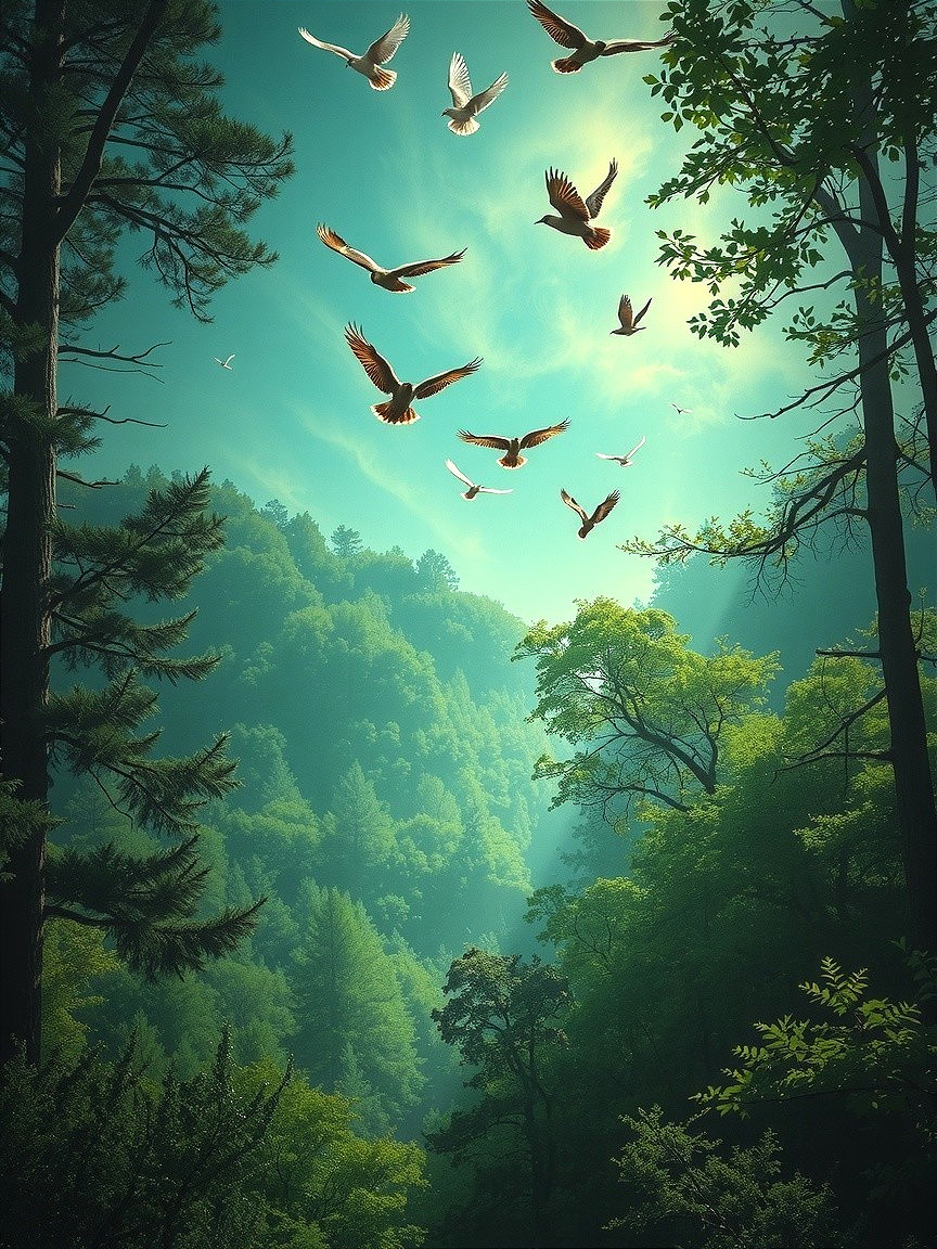 Serene Forest Landscape with Towering Trees and Birds