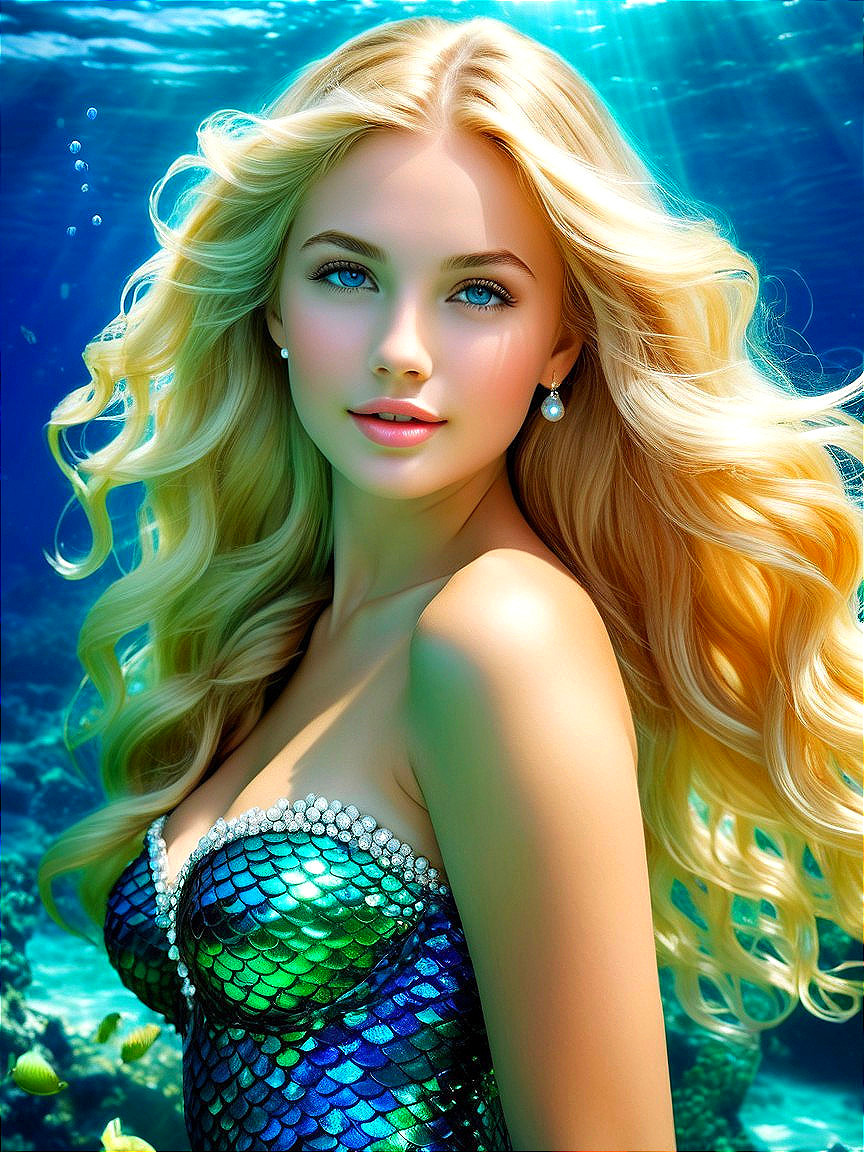 Mermaid with Blonde Hair in Colorful Marine Setting
