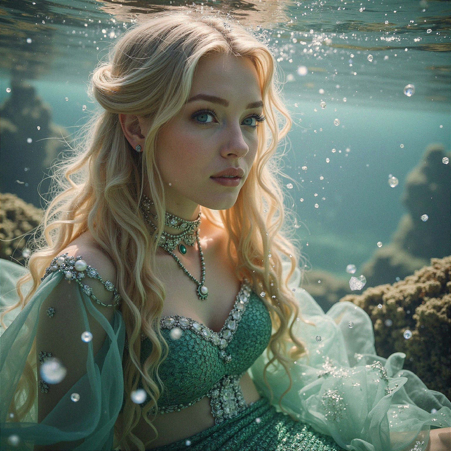 Underwater Scene of Woman in Shimmery Green Gown