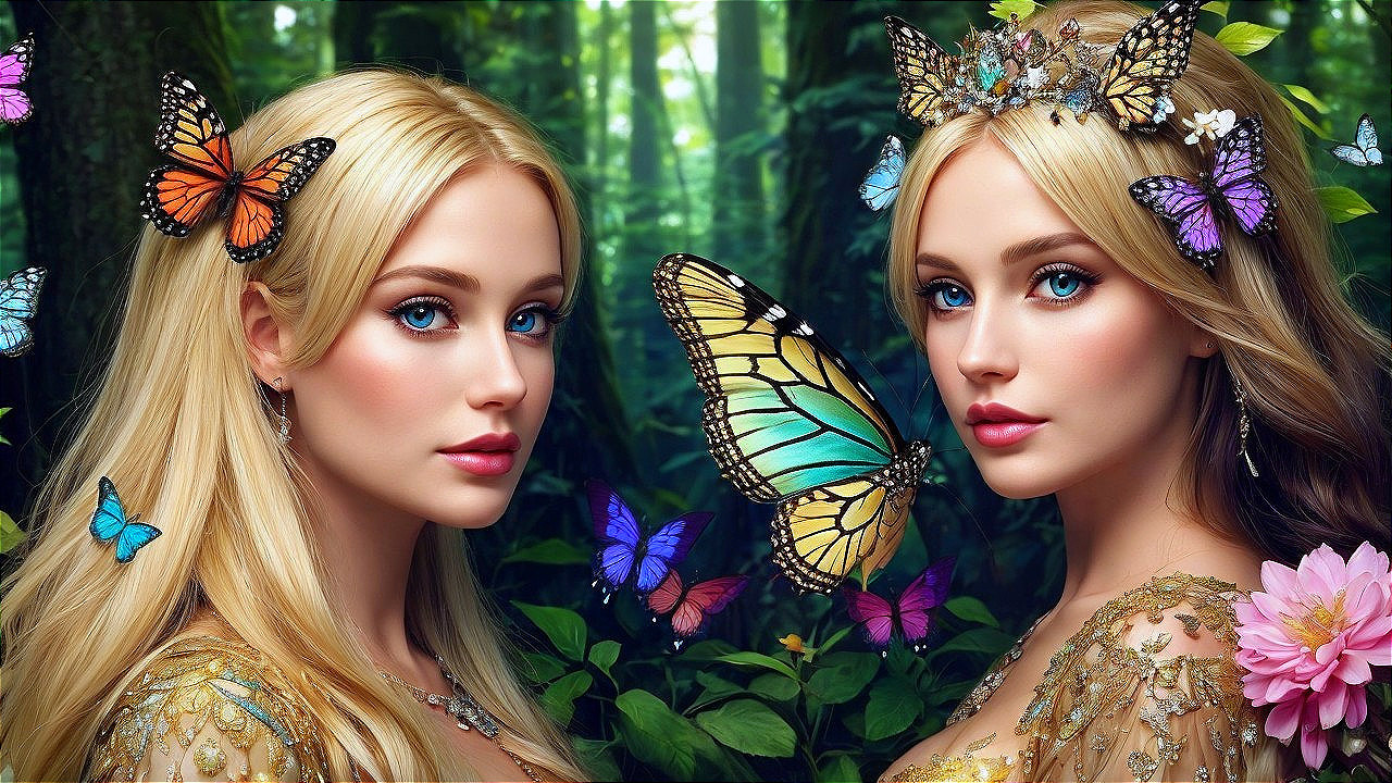 Enchanting Forest Scene with Two Figures in Gowns