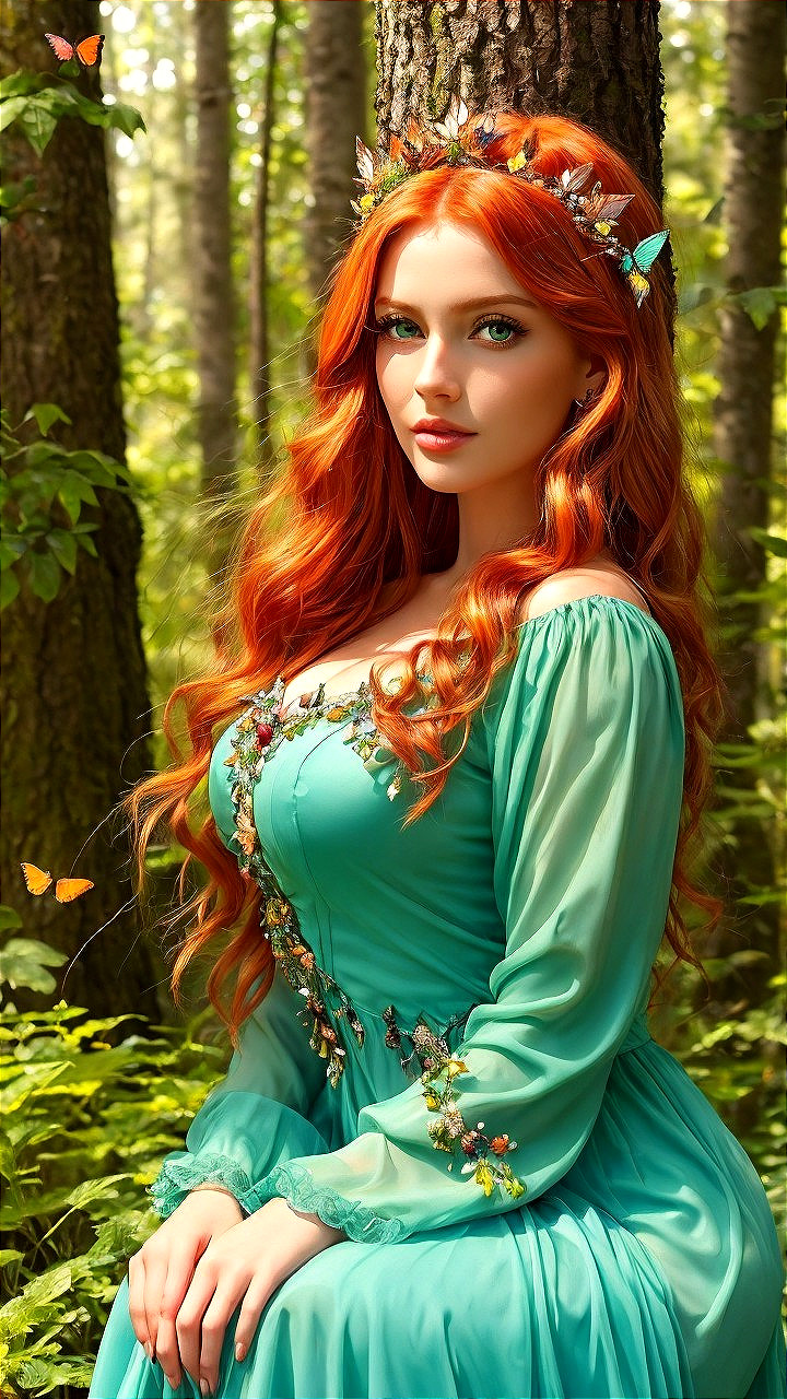 Young woman in teal dress among lush forest scenery