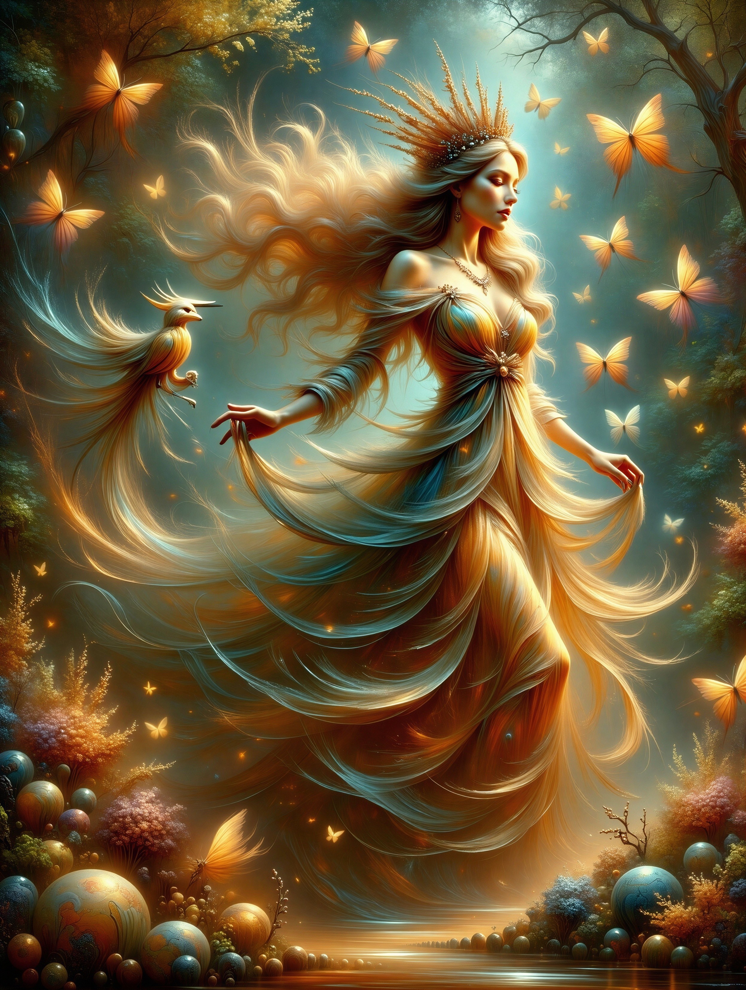 Ethereal figure in a mystical forest with butterflies