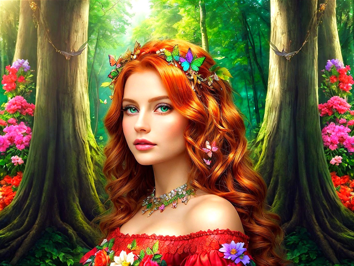 Young woman in red gown surrounded by butterflies and flowers