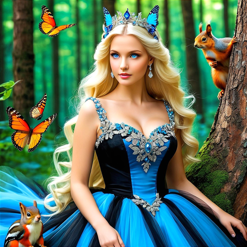 Fairy-tale princess in a lush forest with butterflies