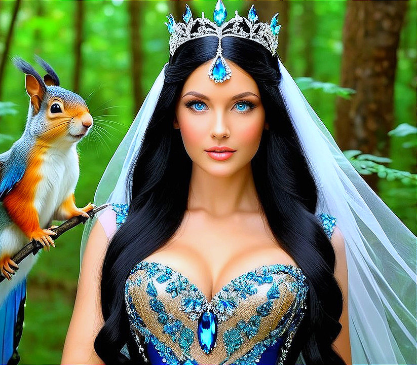 Regal figure in elegant gown in lush green forest