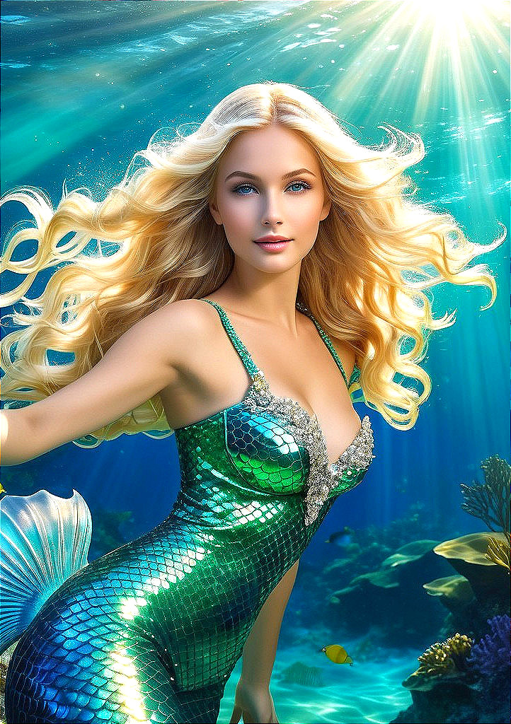 Mermaid with Blonde Hair in Vibrant Underwater Scene