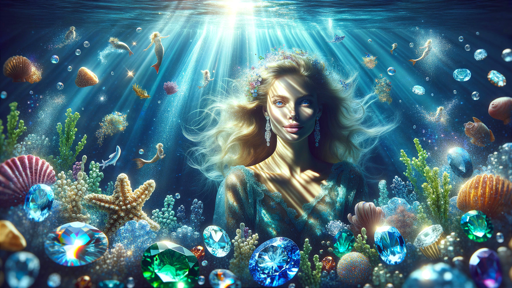 Mystical Underwater Scene with Marine Life and Sunlight