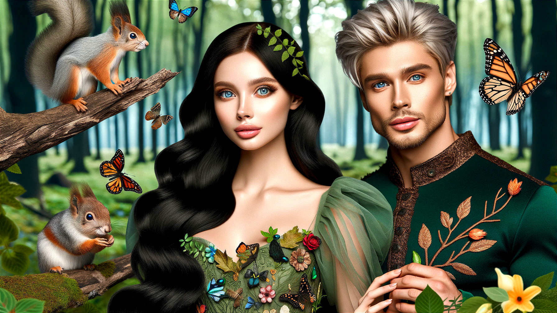 Couple in Enchanted Forest Surrounded by Nature