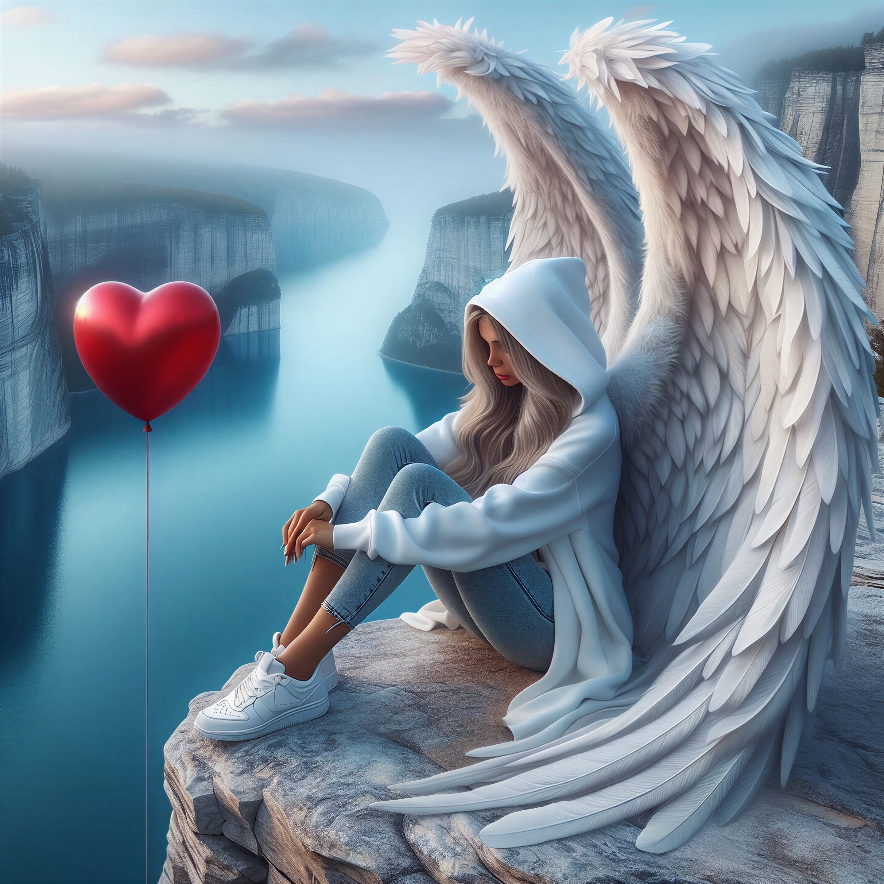 Young woman with wings and balloon by tranquil water