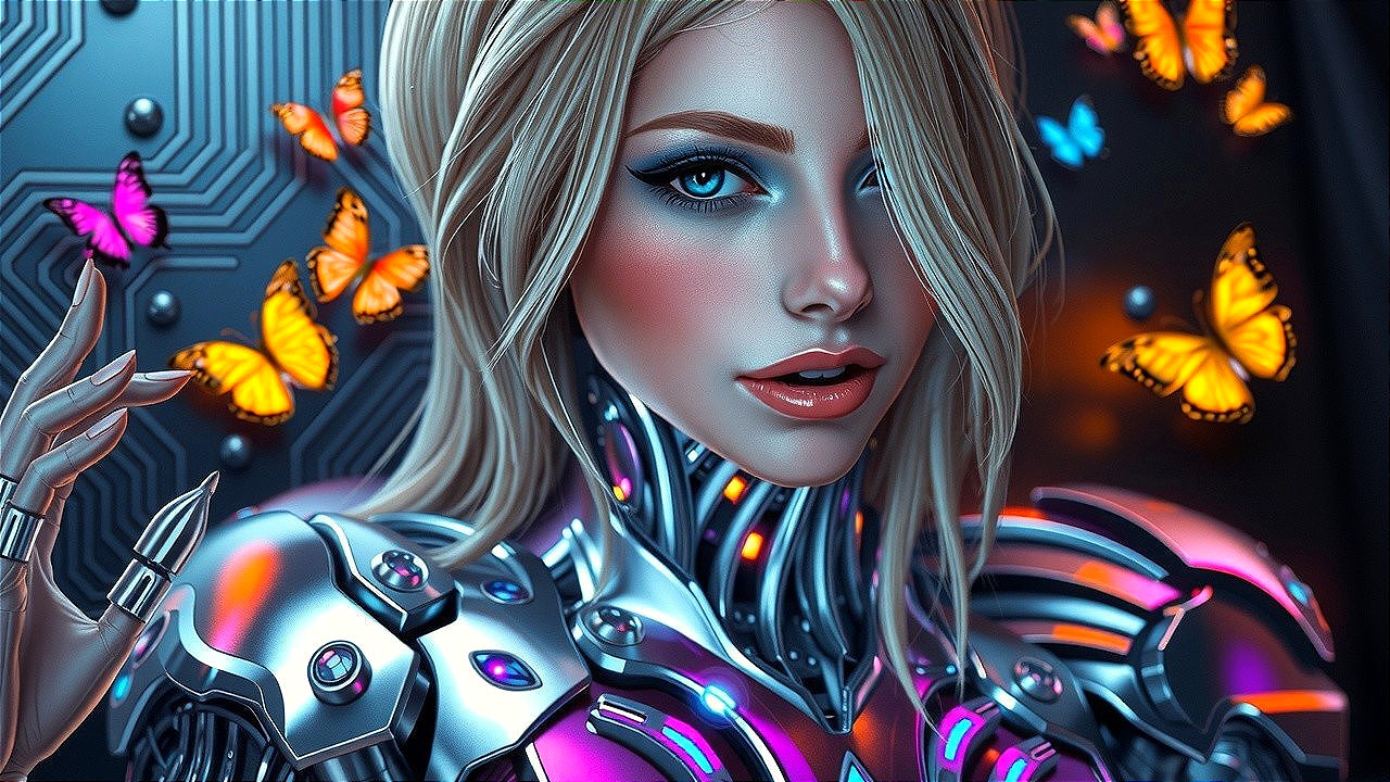 Futuristic Cybernetic Woman with Colorful Butterflies