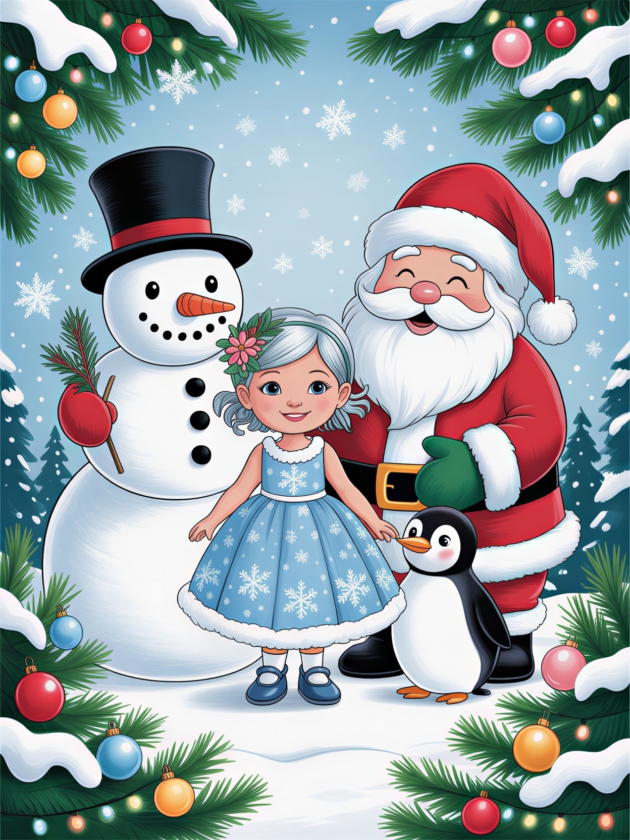 Cheerful Winter Scene with Santa, Snowman, and Penguin