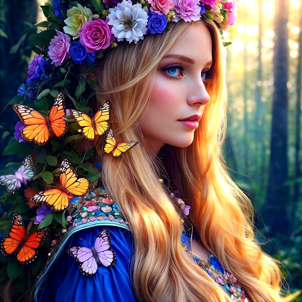 Ethereal woman in a sun-drenched forest setting