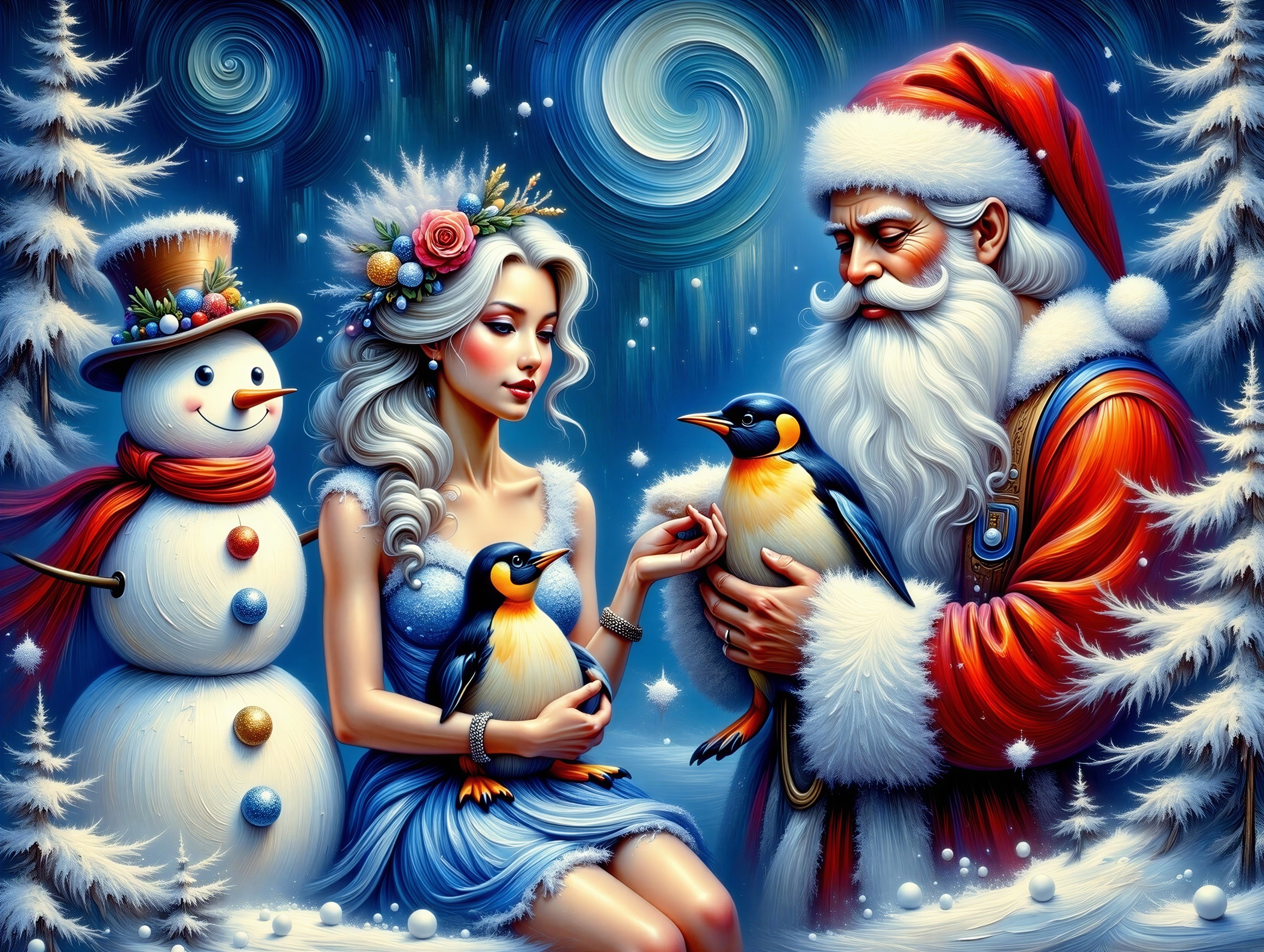 Whimsical Winter Scene with Santa and Penguin