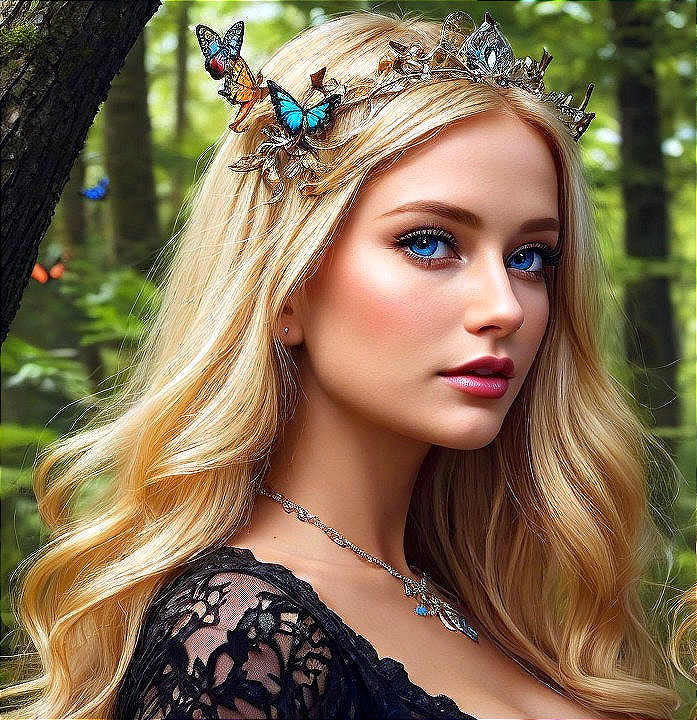 Young Woman in Forest with Butterfly Crown and Jewelry