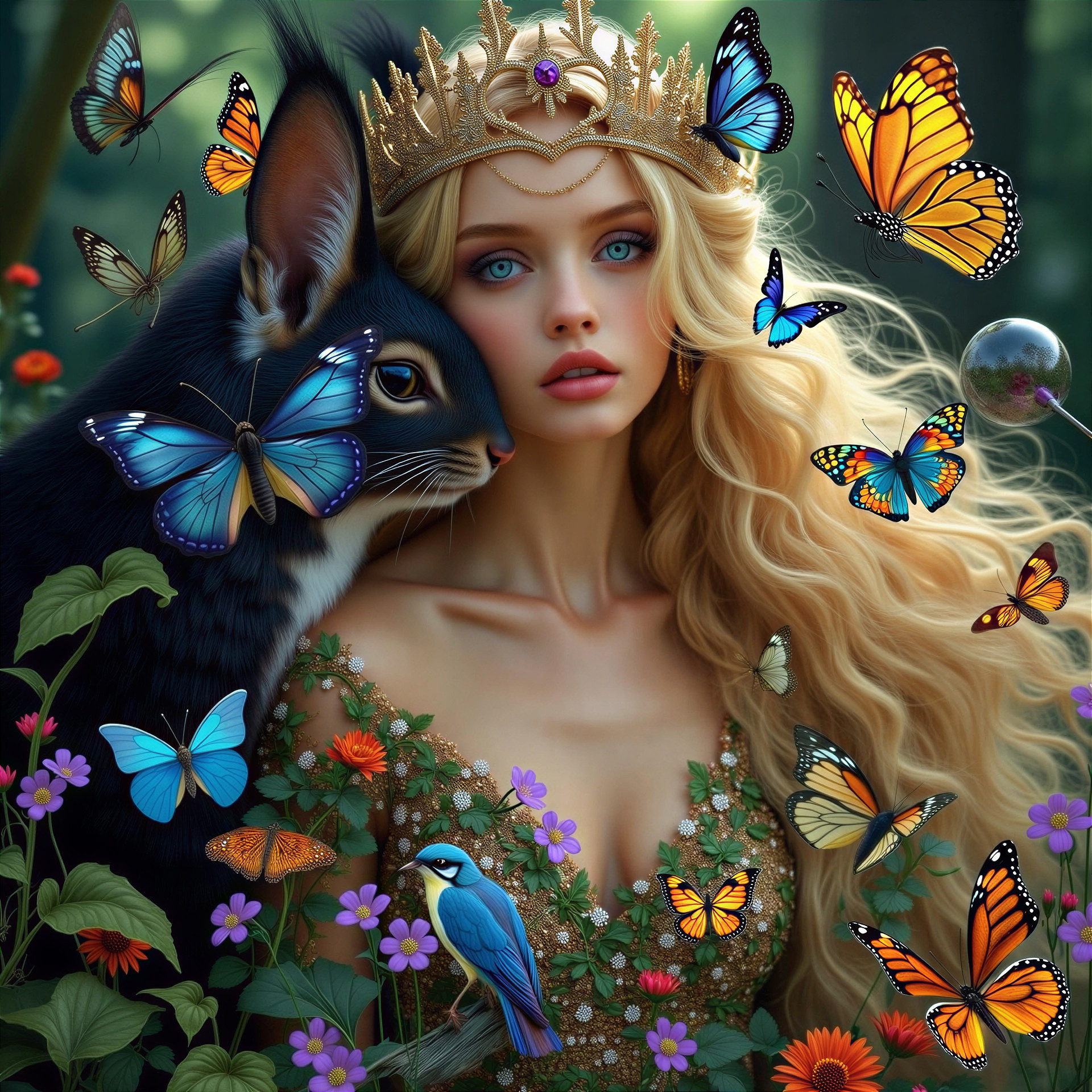 Magical Scene with Young Woman and Majestic Rabbit