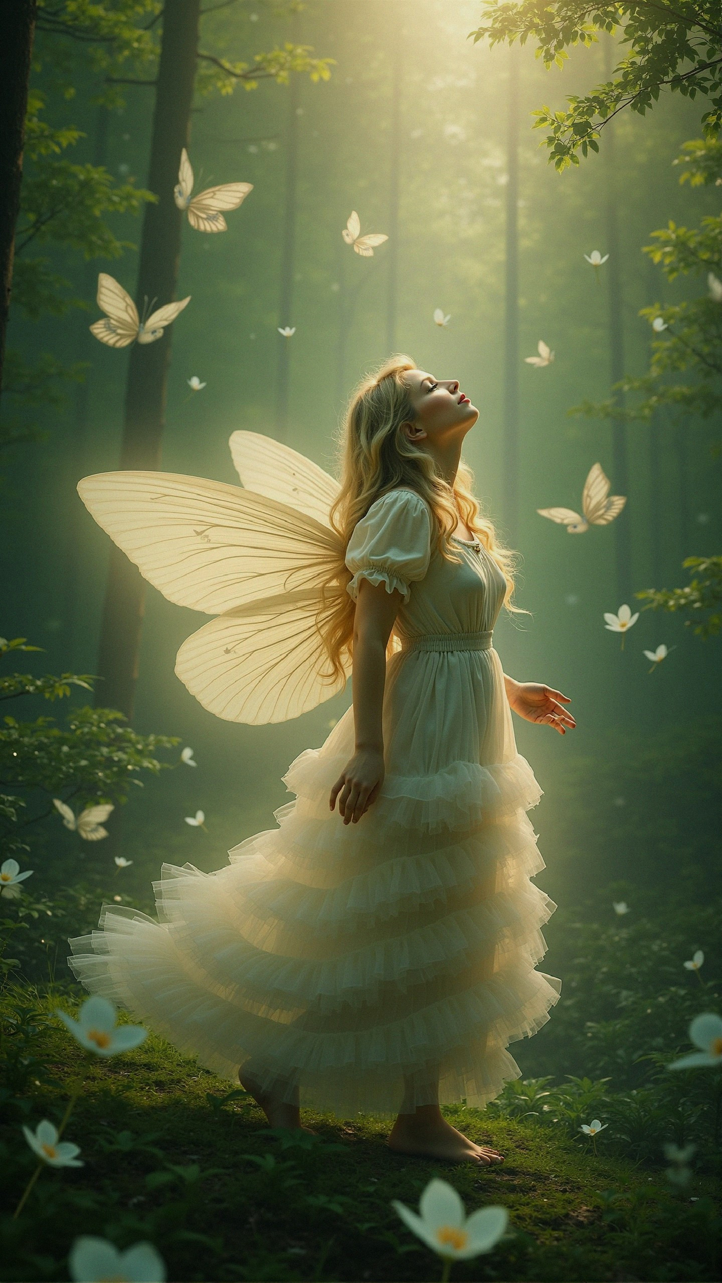 Young woman in white dress with butterfly wings in forest