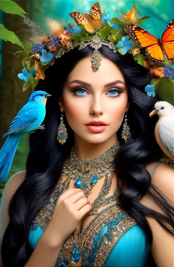 Portrait of a woman with floral crown and butterflies