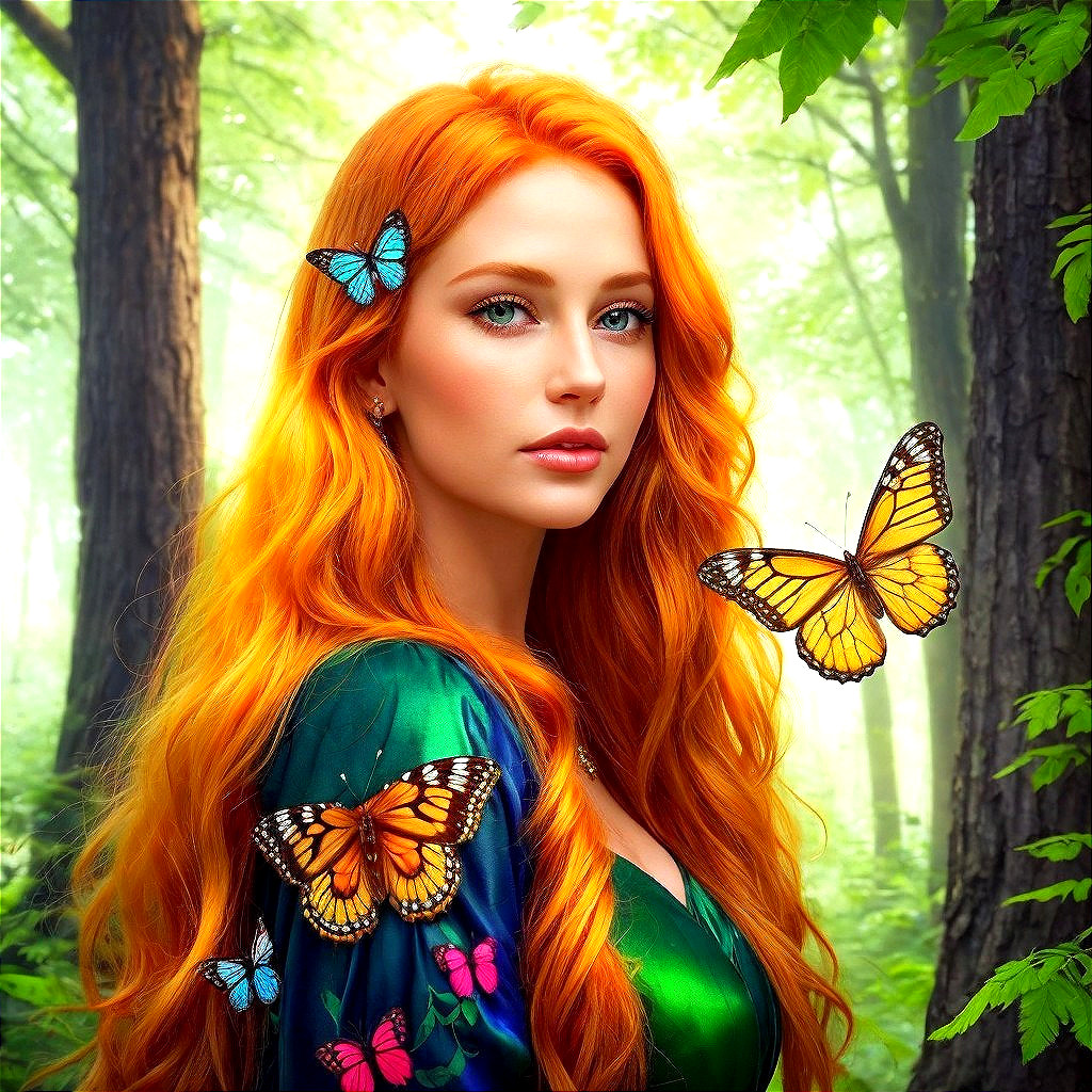 Young Woman in Lush Forest Surrounded by Butterflies