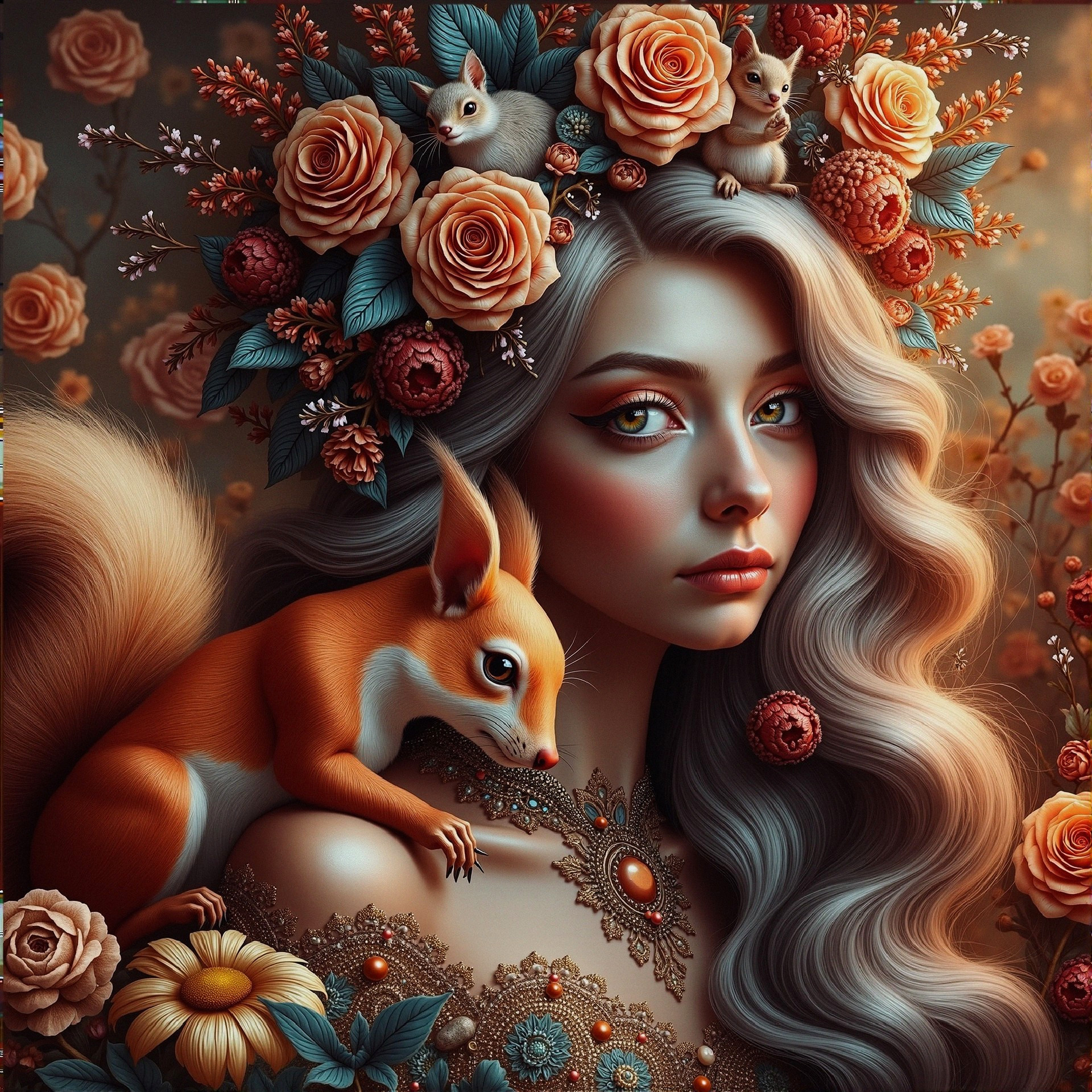 Woman with Silver Hair and Floral Crown in Nature