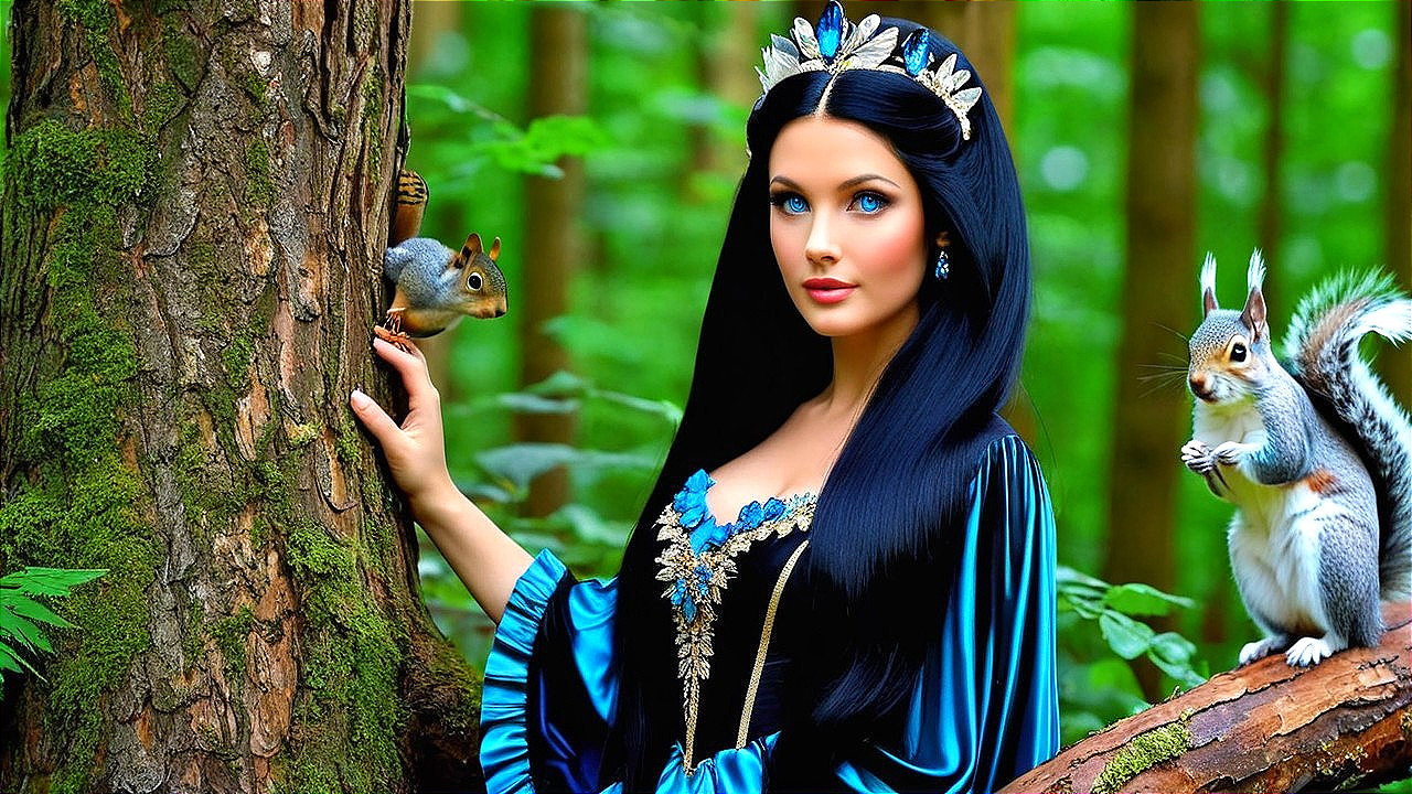 Enchanting Woman in Blue Gown in Lush Forest Setting